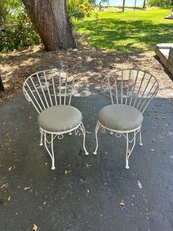Pair Vintage Wrought Iron Patio Chairs Round Seats White