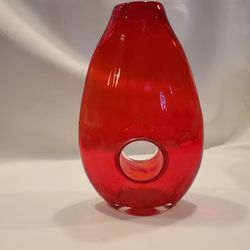 Vintage Art Glass Donut Hole Ruby Red Hand Blown Vase.