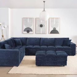 **SALE** Retro Inspired Modular Sectional Upholstered in Blue Corduroy!