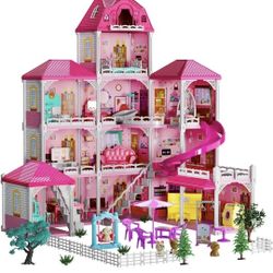 Doll House Girls Toys - 4-Story 12 Rooms Playhouse with 2 Dolls Toy Figures
