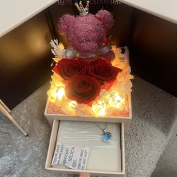 Preserved Red Rose Moss Bear Gifts with LED Light