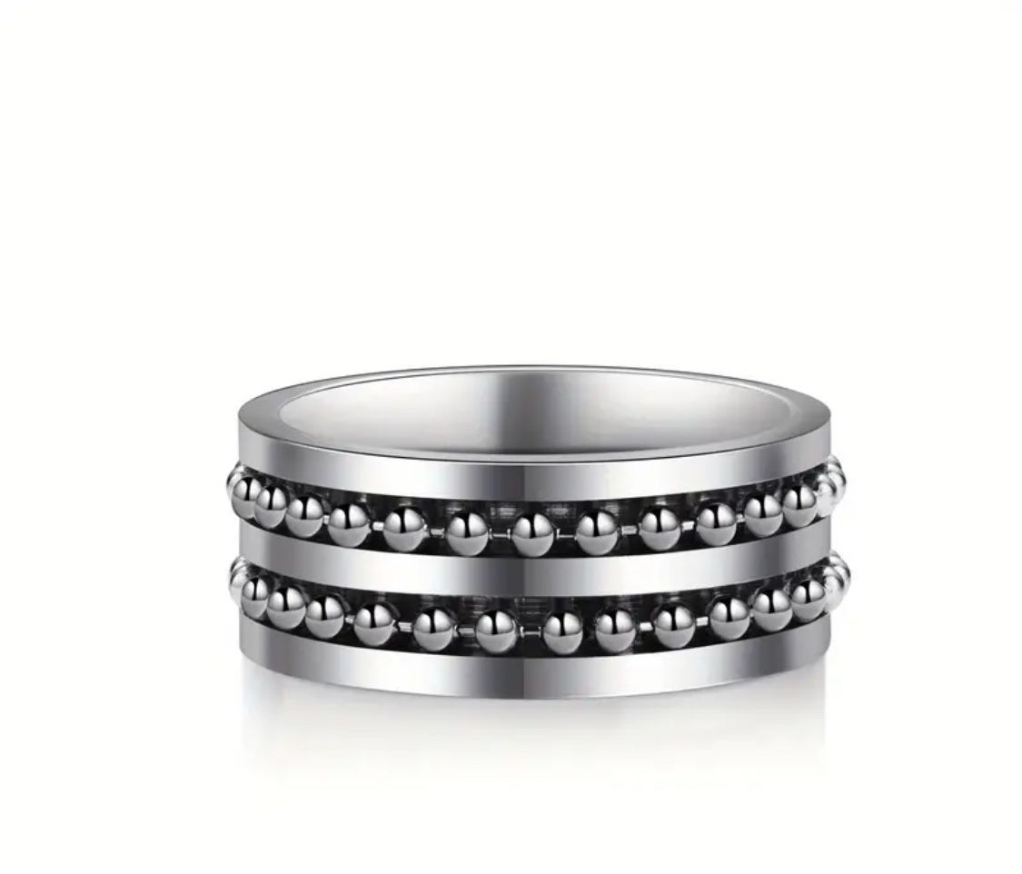 Chisel Stainless Steel 8mm Double Row Beaded Brushed & Polished Band Ring  Size 8-11