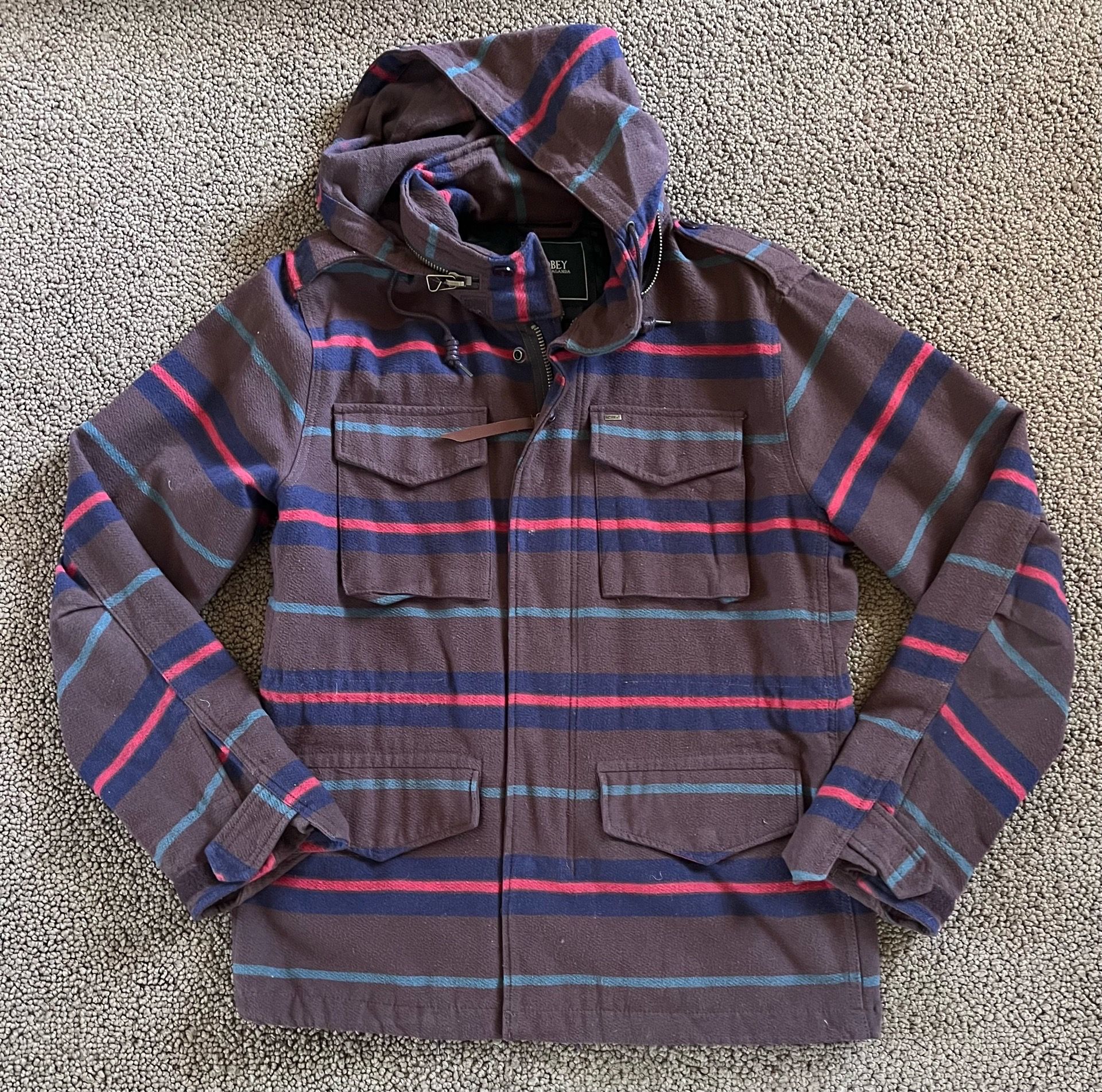 Obey Propaganda Men’s Hooded Field Jacket Brown Stripe Cotton Size Large