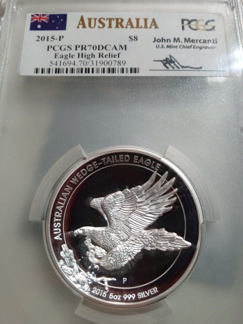 2015-P PCGS PR70DCAM Australian Wedge Tailed Eagle High Relief John Mercanti Hand Signed 