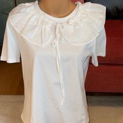 Zara White Ruffle Tie Neck Tee Shirt M 