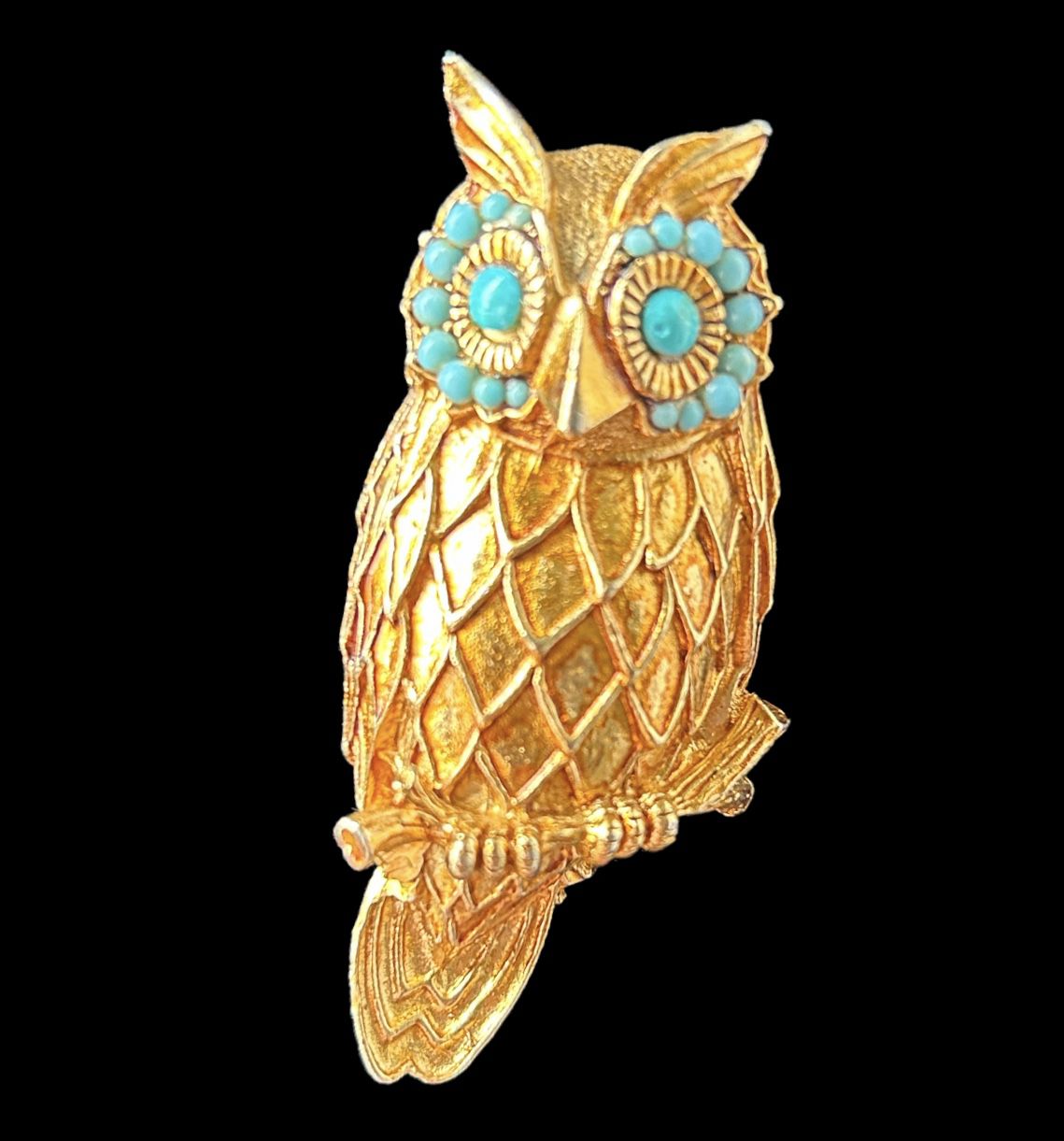 Enamel Turquoise Vintage Owl Brooch Necklace Rare