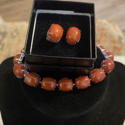 Pretty Silver Tone Carnelian Earrings And Bracelet Set