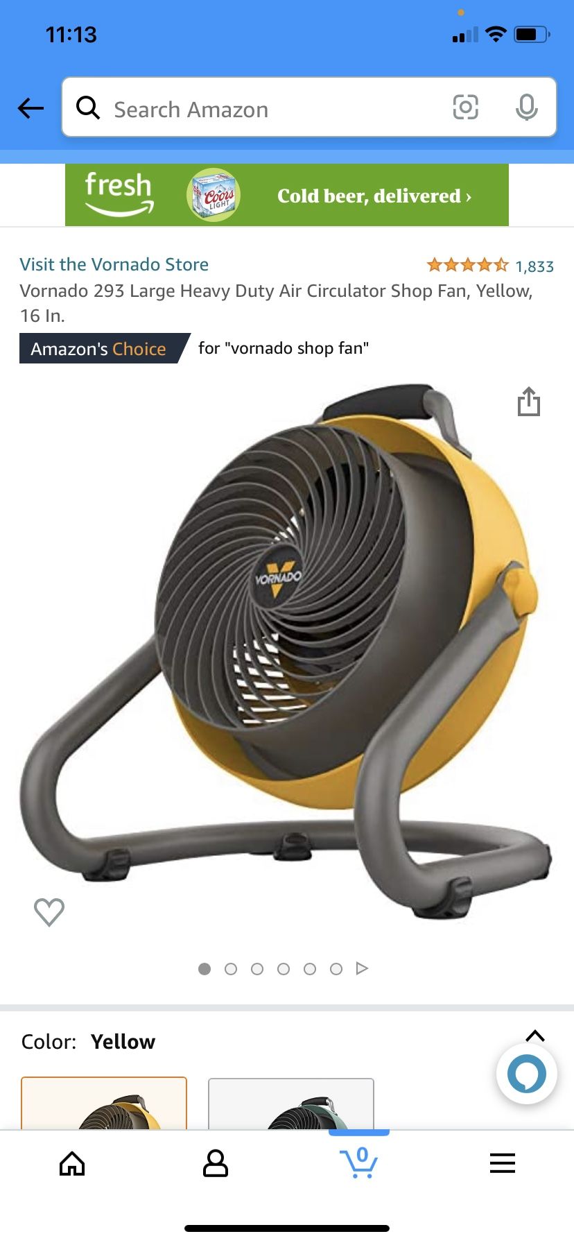 Vornado 293 Large Heavy Duty Air Circulator Shop Fan, Yellow, 16 In.
