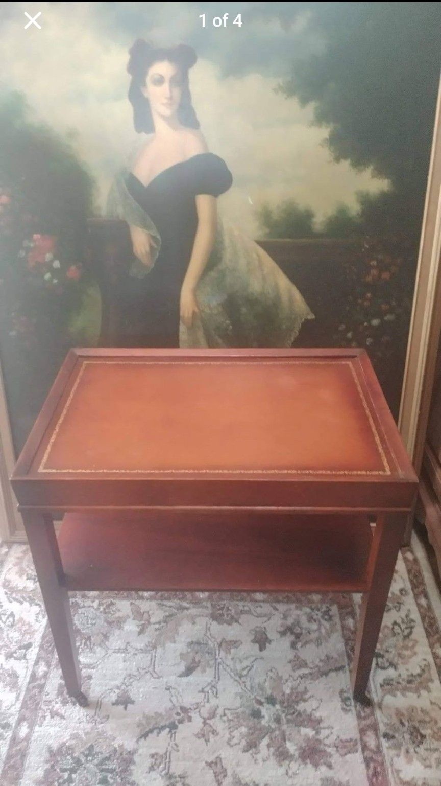 Retro Middle Century Vintage Antique Leather Top Side Table On The Wheels