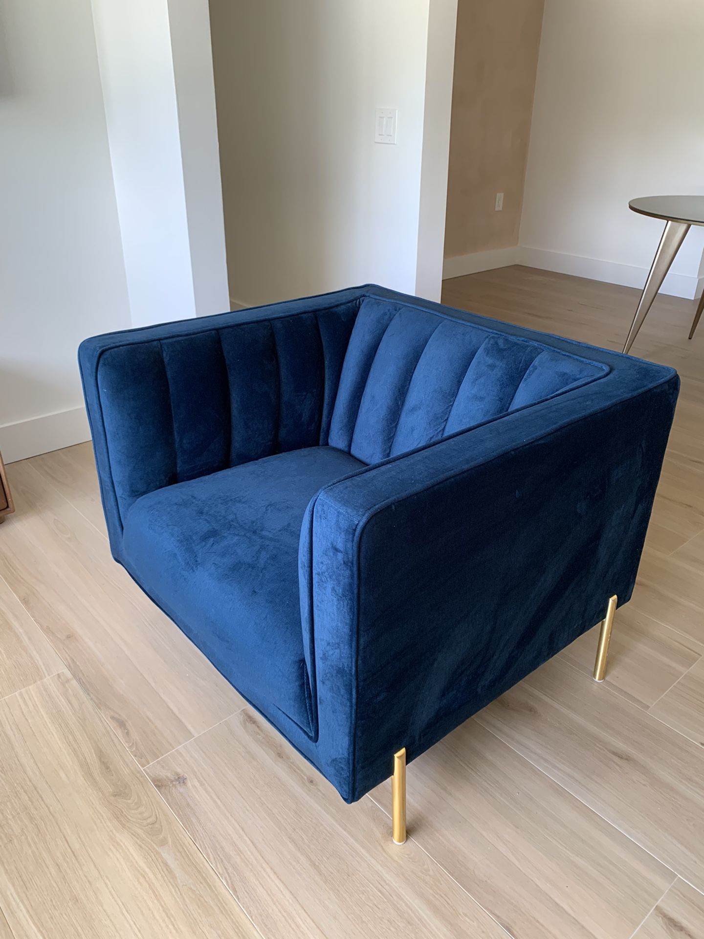 Mid century Modern Chair Blue Suede Gold Legs