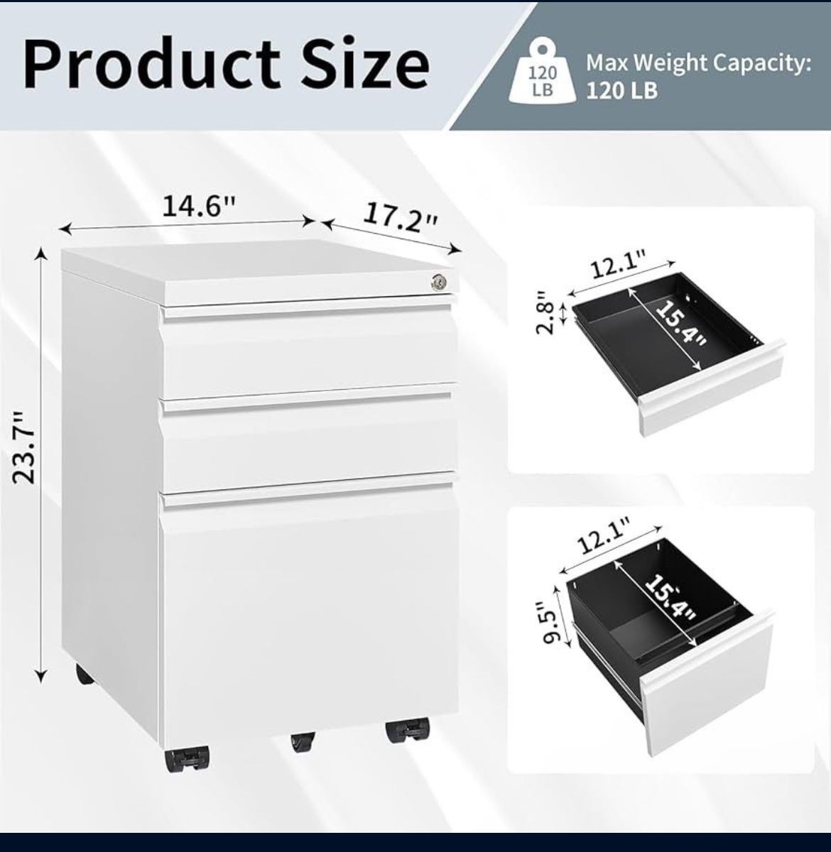 3 Drawer File Cabinet with Lock, File Cabinets for Home Office,Under Desk Cabinet, Locking File Cabinet for A4/Letter/Legal, Fully Assembled Expect Ca