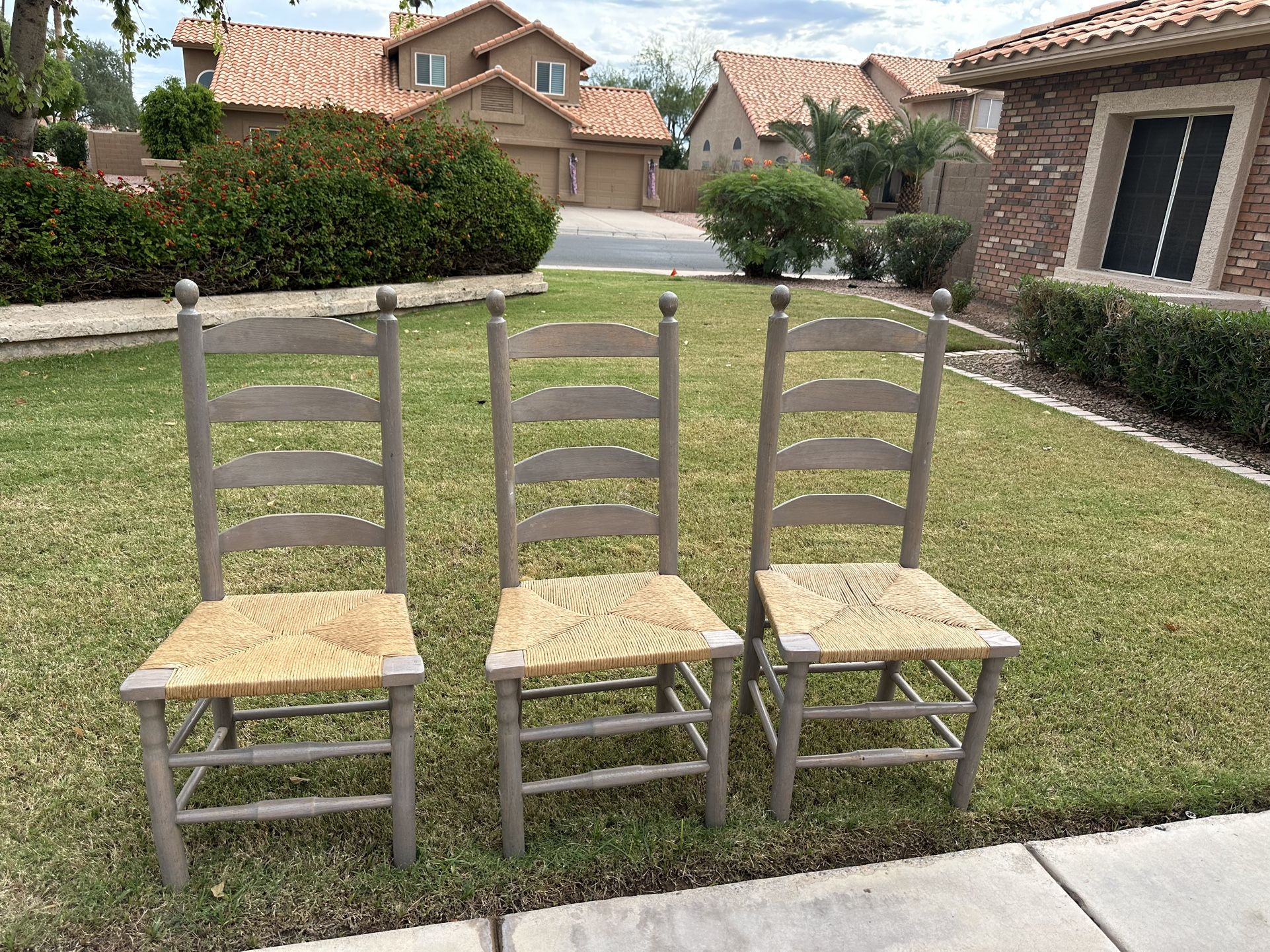 3 Farmhouse Wood Ladder Back Dining Chairs Woven Cane Rush Bottom Seat