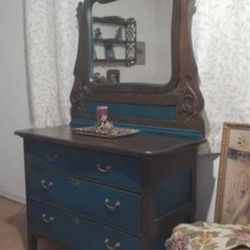 Refinished And Repaired Teal Oak Antique Dresser 