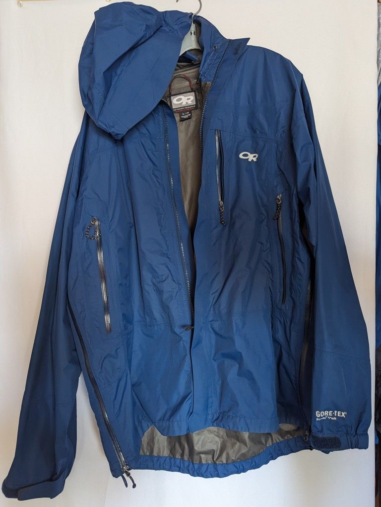 Men's xl Rain Shell Jacket Outdoor Research Paclite GoreTex Ultralight Hooded Hiking Camping Backpacking Waterproof Wind REI Marmot Patagonia Rab Nemo