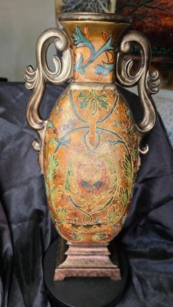 Vintage Japanese Style FauxChamplevé Urn Pillar Candle Holder with Peacock Motif