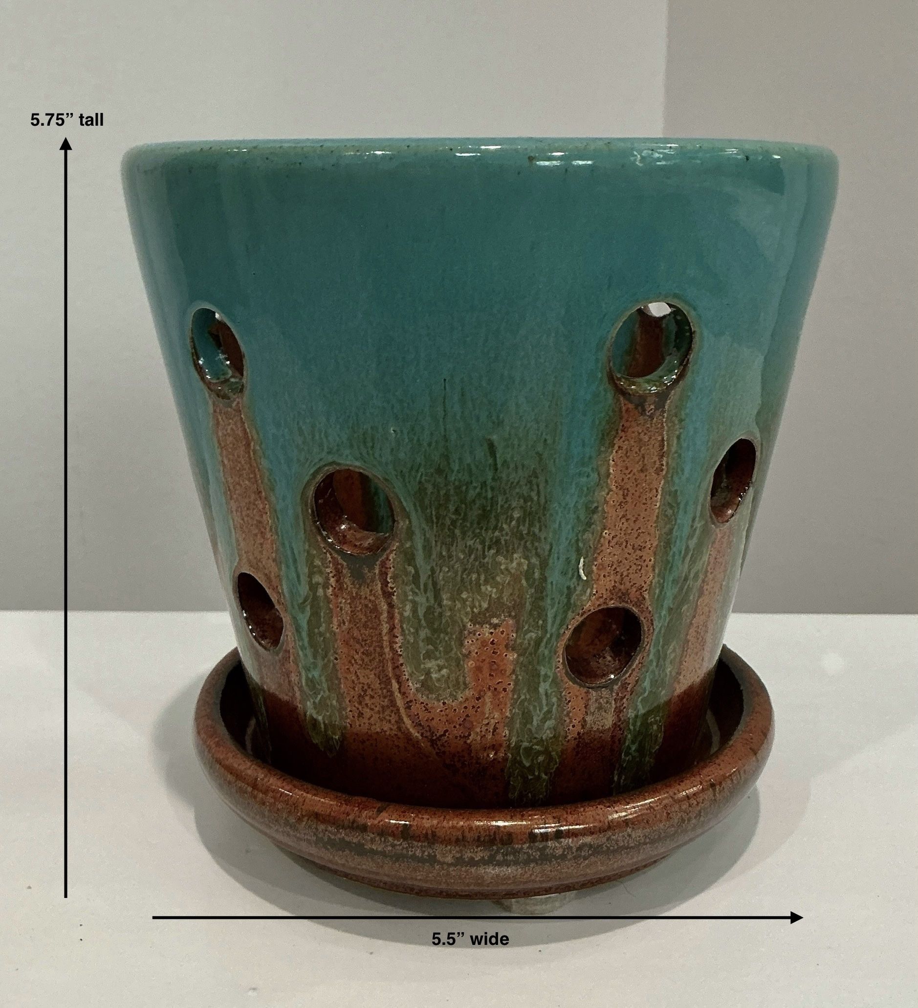 Turquoise & Copper Drip Painted Fire Glazed Clay Orchid Pot