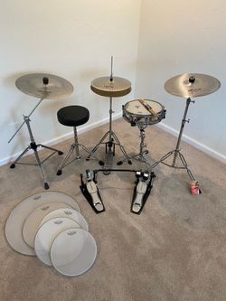 Complete Hardware cymbals heads for drum set Remo piccolo snare Remo silent stroke 5 heads new quiet cymbals new double pedal throne stands $325 cash 