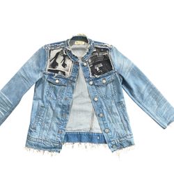 Madewell Frayed Black/White Graphic Denim Jacket Size Small