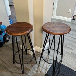 Rustic Two Wooden Metal Stools, New