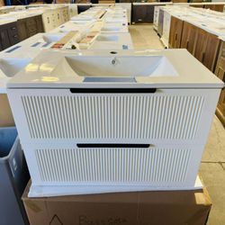 30” Floating Bathroom Vanity in White, single sink soft close solid wood with vanity top in white  $349 