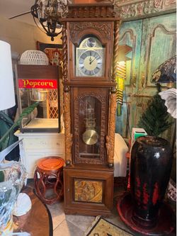 Vintage carved wood Chinese grandfather, Clock