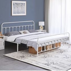 Classic Metal Platform Bed Frame Mattress Foundation with Victorian Style Iron-Art Headboard/Footboard/Under Bed Storage/No Box Spring Needed/King Siz