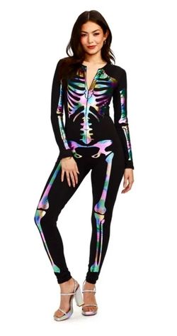 New!  Holographic Iridescent Skeleton Jumpsuit Costume