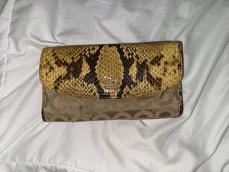Coach Madison Op Art Sateen Python Embossed Leather Trim Bifold Wallet