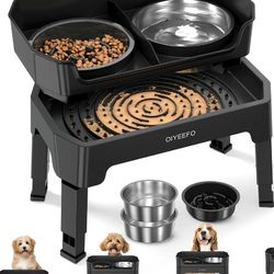 in 1 Large Elevated Dog Bowls: 4 Adjustable Height Raised Dog Bowl Stand with Mess Proof Design - Slow Feeder Licking Plate with 2 * 53oz Food Bowls