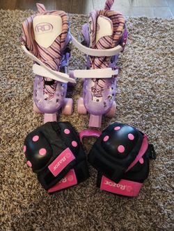 Pre-owned Kids Roller Derby Pearl Adjustable Skates Size 12J to 2 and Razor 5 Pad Set - Nice, Clean
