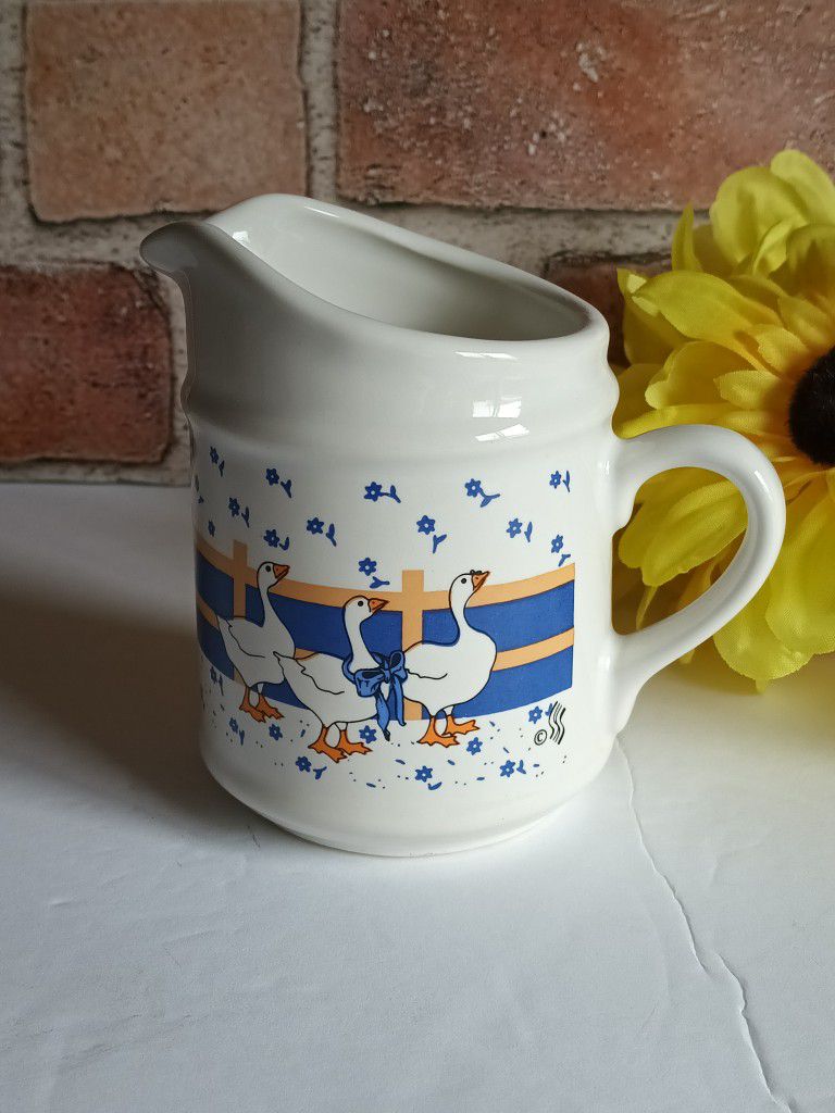 Vintage 1980s Era Country Blue Bow Geese Ceramic Creamer