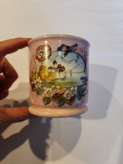 Japanese Kutani Vintage Shaving mug Pink With Birds, Flowers, And A Castle