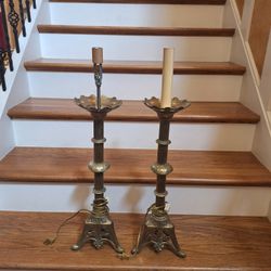 Pair of French Gilt Brass Church Altar Table Lamps