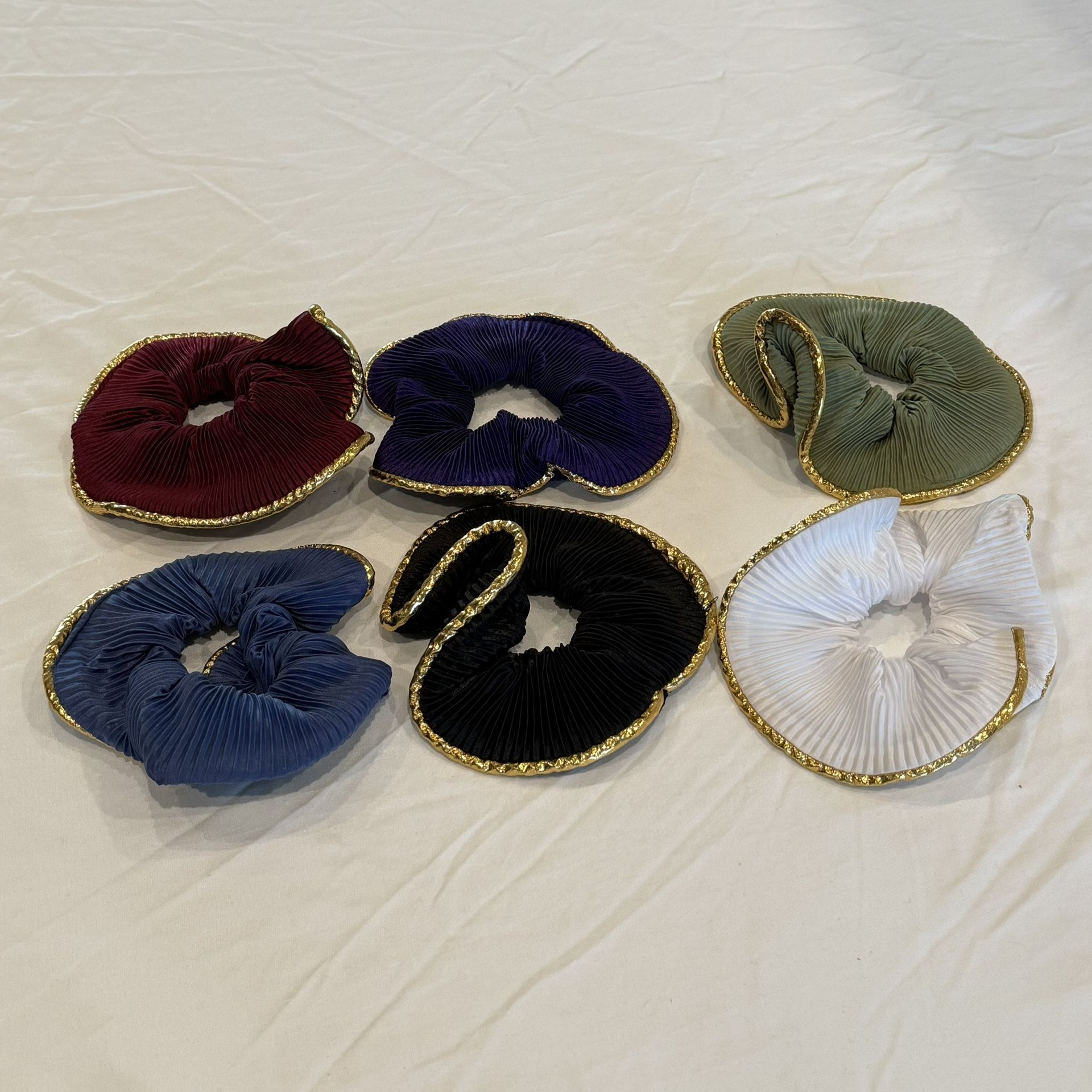 Large Pleated Scrunchies w/ Gold Trim Bulk, Black, White, Blue, Red, Green, Purple - 12 PCS (NEW)
