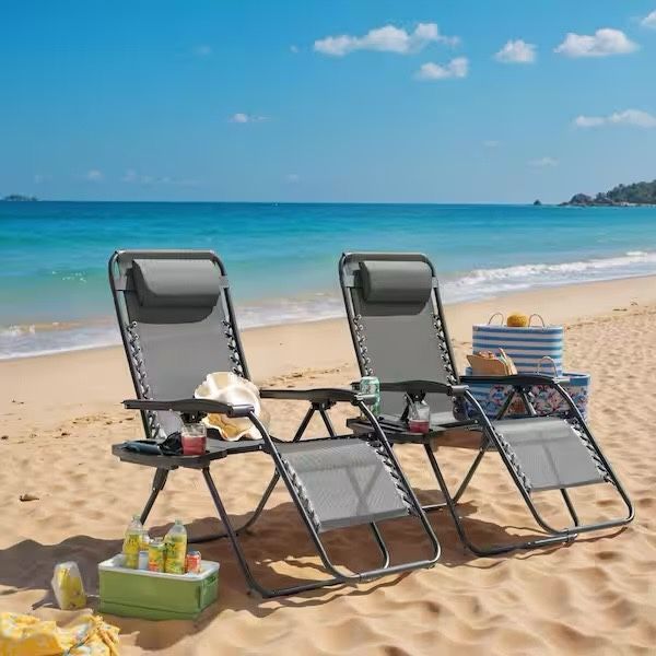Brand New 2-Piece Light Gray Zero Gravity Black Metal Lawn Chair Set Adjustable Folding Beach Chair with Pillows and Cup Holders brand new in box $65