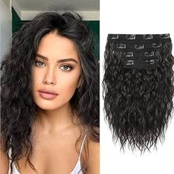 REECHO Clip in Hair Extensions - 12" Short Curly Wavy Hairpieces, Invisible Lace Weft, Natural Soft, Black Brown