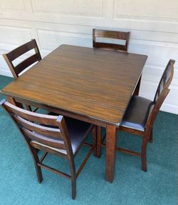 5-PC HIGH TOP SOLID WOOD DARK BROWN FINISHED DINING SET(TABLE AND 4 WIDE SEAT PADDED CHAIRS)