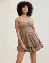 Aerie Brown Ribbed Tiered Ruffle Dress
