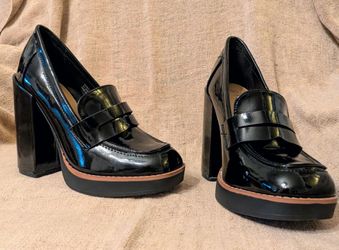 Black Patent Leather Platform Chunky Loafer Heels