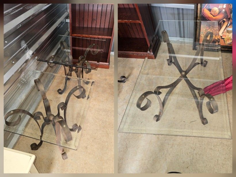 Rustic wrought iron coffee table, end tables, beveled glass top 26x50 24x24