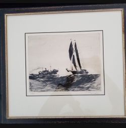 Philip Kappel. Pen and Ink Lithograph, 2 Ships At Sea, Hateras