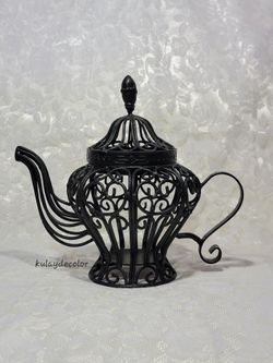 Filigree Style Wrought Iron Teapot Lantern Candle Holder Black Scroll Home Decor