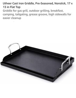 Utheer Cast Iron Griddle, Pre-Seasoned, Nonstick, 17 x 13 in Flat Top Griddle for gas grill, outdoor grilling, breakfast, camping, tailgating, grease