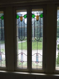 (7) Antique Art Nouveau Leaded Stained Glass Windows, Tulip Motif, Pair