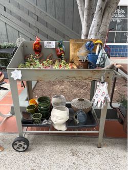 Metal Garden Potting Supply Cart on Wheels