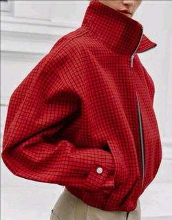 Size M Women's Casual Plaid Cropped Jacket With Funnel Neck, Long Cloak Sleeves, Zipper, And Pockets, Woven Fabric With Slight Stretch