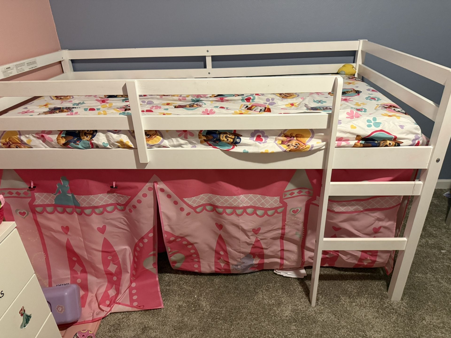 White Twin Loft Bed With Princess Tent