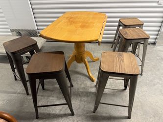 Drop-Leaf Pedestal Table with 5 Metal Bar Stools