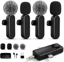 4 Packs Wireless Lavalier Mic for iPhone Android Camera Professional Wireless Mini Microphone for 4-Person Video Recording, Podcasts, Vlogs, YouTube, 