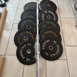 Olympic bumper weights 300lbs total plus brand new 7ft 45lbs bar